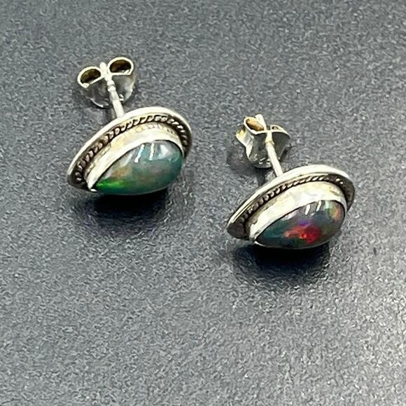 Vintage Sterling Silver Natural Dark Opal Stud Earrings Rope Border 13mm Pair - Picture 4 of 12